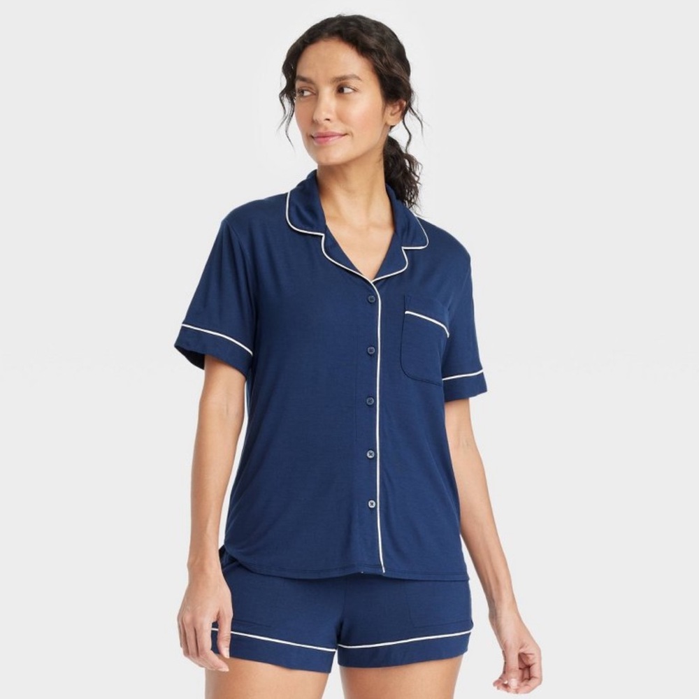 Navy Short-Sleeve Button Pajama Set with Contrast Piping